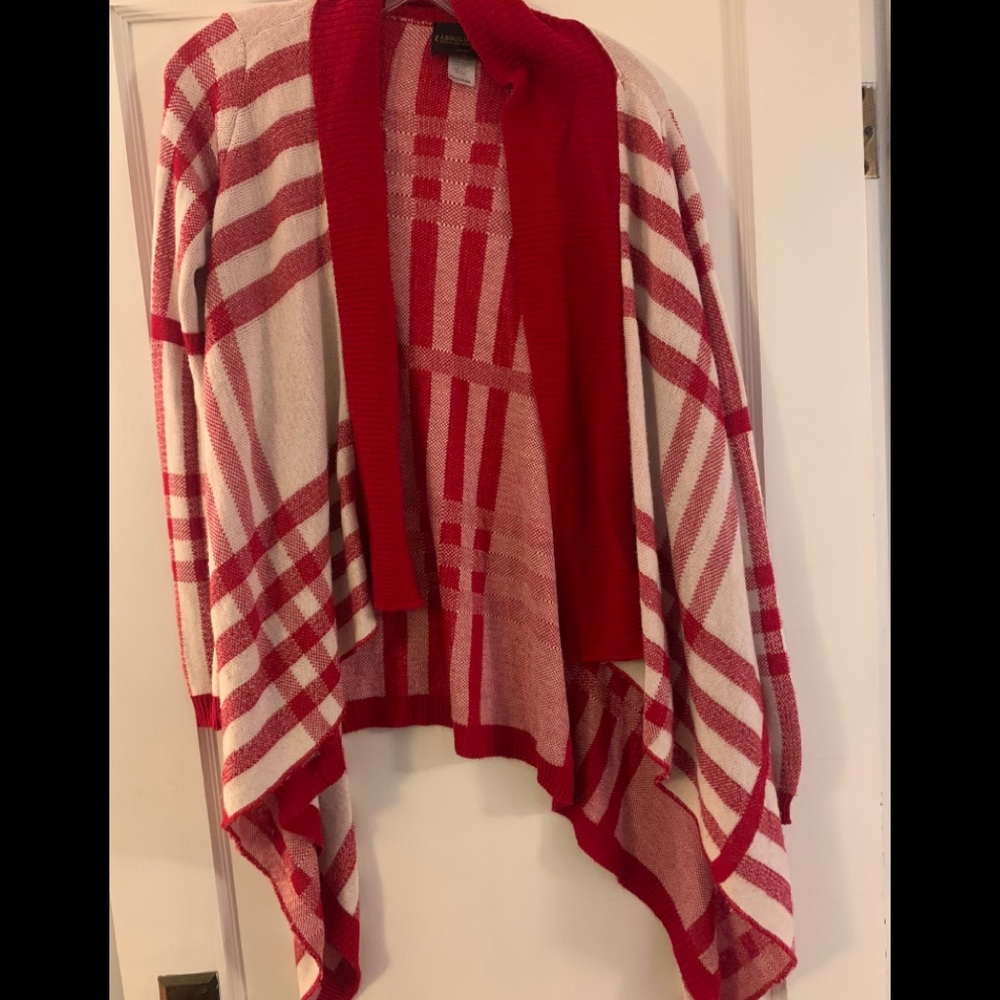 Red and cream open front sweater